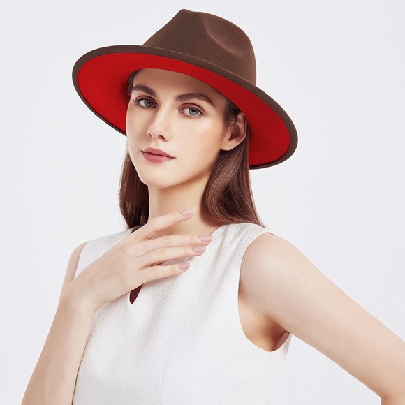 BRAND NEW TRENDY UNISEX WIDE BRIM FEDORA WITH RED UNDERBILL NWT - Picture 7 of 8